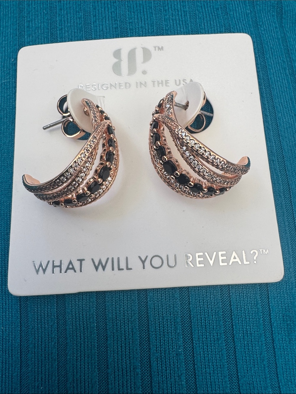 bp Rose Gold and Black Multi-Row Crystal Stud Earrings